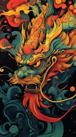 Multicolored stylized dragon head with swirling abstract forms.