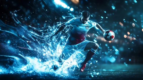 Soccer player drives ball through explosive water burst