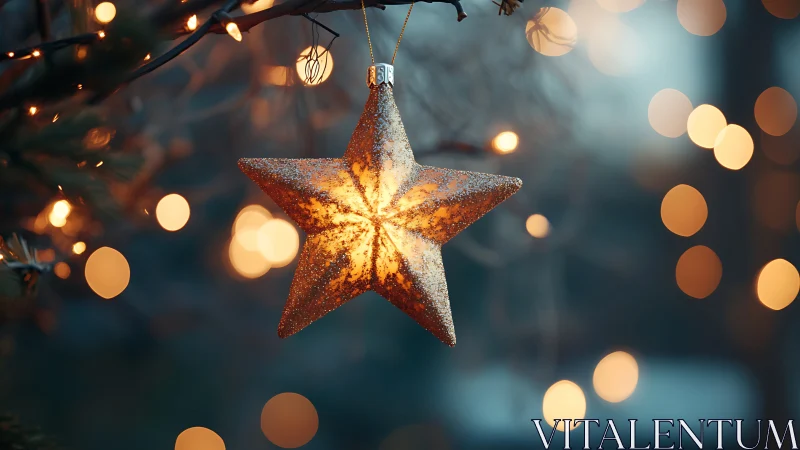 Golden star ornament glows softly among cozy holiday lights