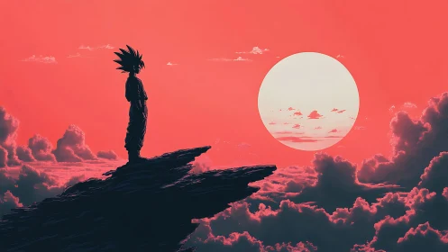 Silhouetted fighter stands on jagged cliff against large sun