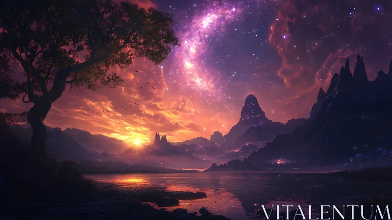 Mountain lake under vivid nebula sky at low sun angle.