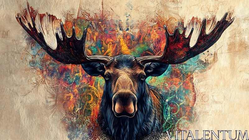 Moose portrait is rendered against abstract multicolor backdrop
