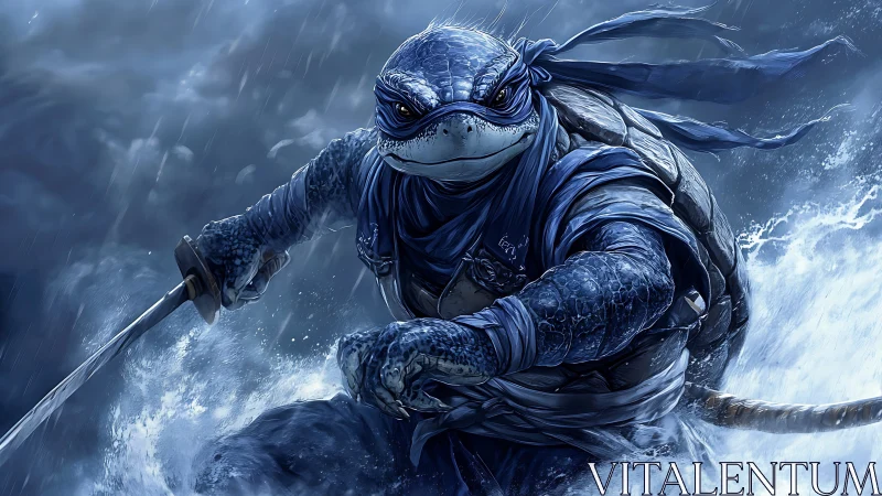 Armored turtle warrior with sword in stormy ocean scene.