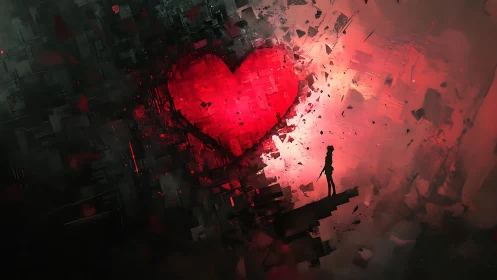 Solitary Figure Gazing at Radiant Heart in Shattered World.