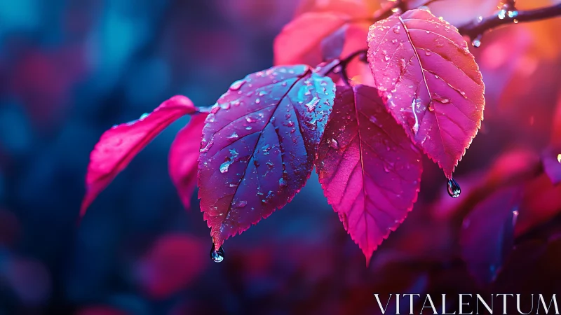 Macro photorealistic pink leaves with neon bokeh lighting.