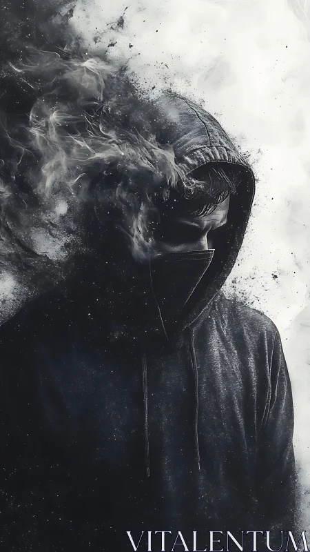 Hooded cyber-noir figure dissolves into digital smoke field