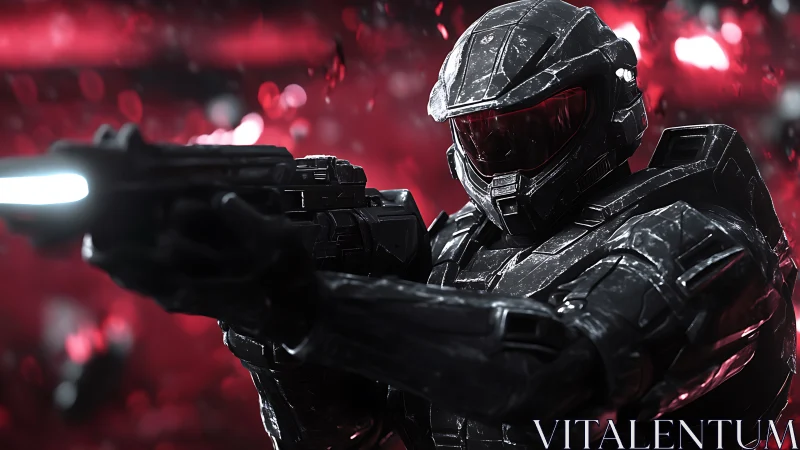 Armored space warrior steadies a glowing rifle in battle