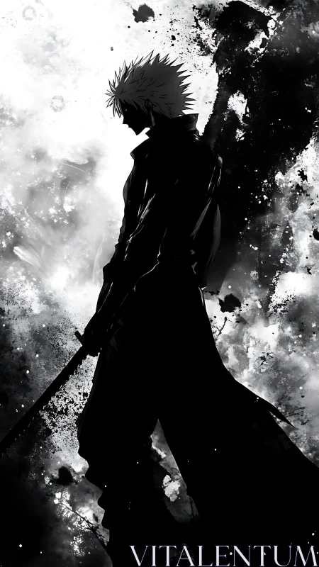Silhouetted swordsman in monochrome abstract ink field.