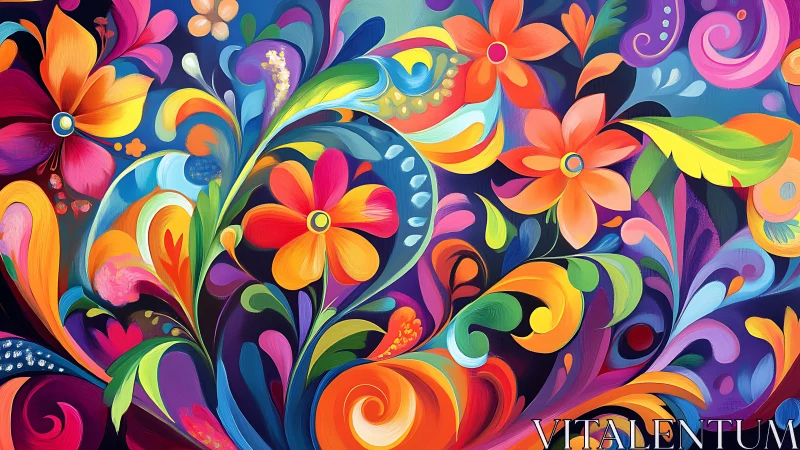 Multicolored abstract floral pattern with swirling foliage.
