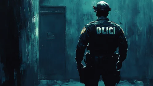 Tactical officer surveys sealed door in moody cyan corridor