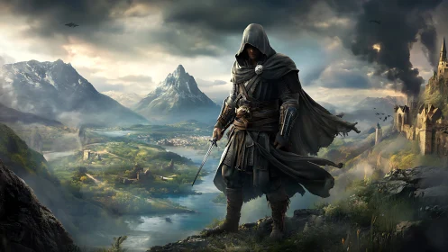 Cloaked swordsman overlooking valley and distant strongholds.