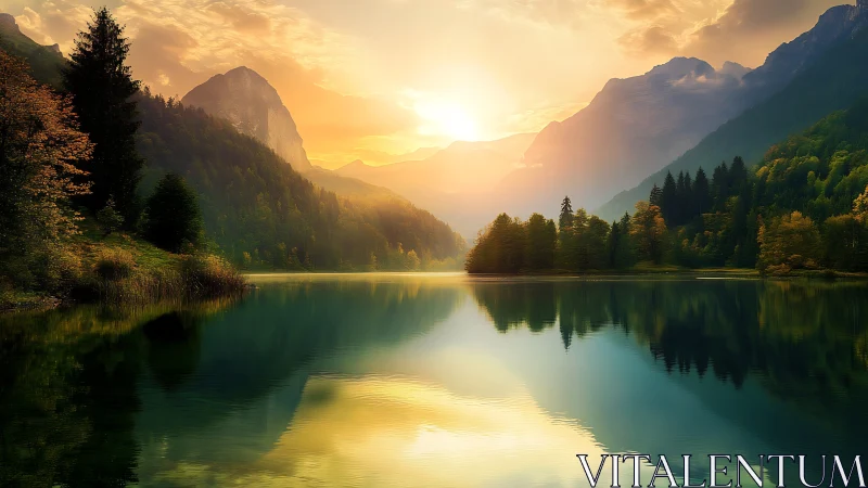 Sunlit alpine lake mirrored by serene mountain forest.