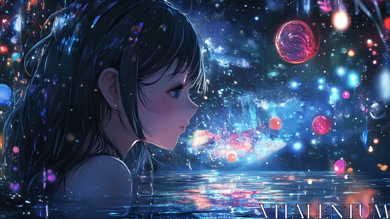 Girl in reflective water under luminous cosmic night sky.