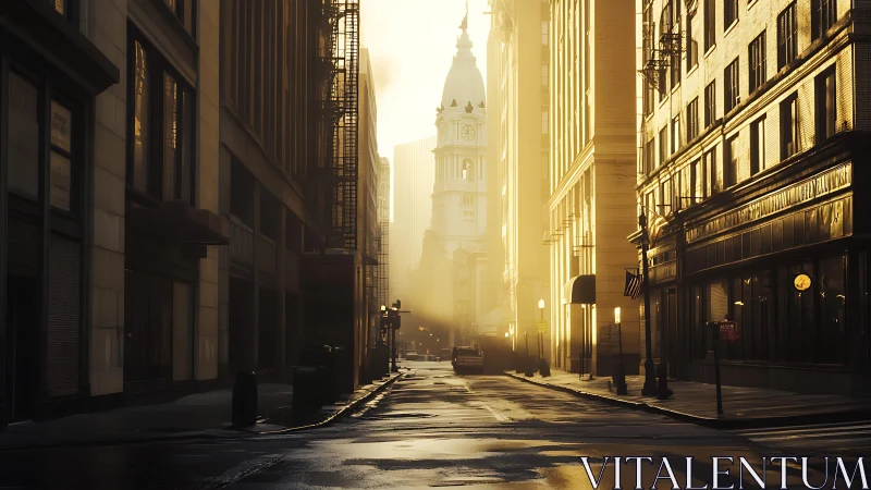 Sunlit city canyon frames a distant clocktower in gold haze.