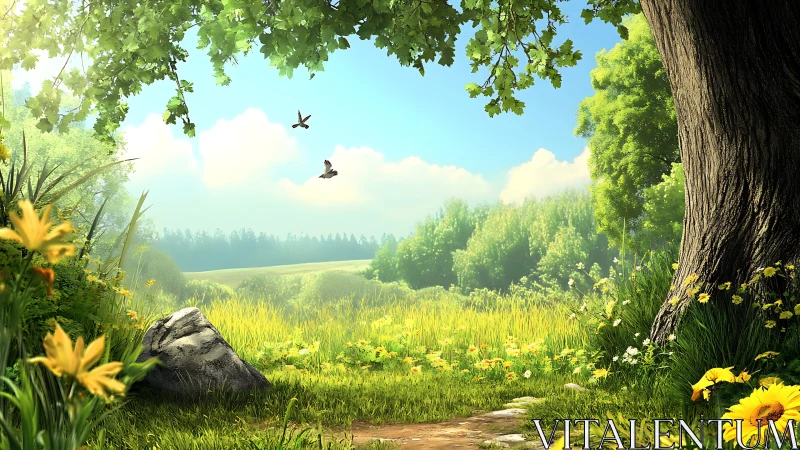 Sunlit meadow doorway under a sheltering forest canopy.