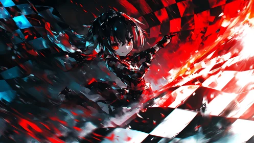 Dark-haired anime figure moves through red and blue vortex