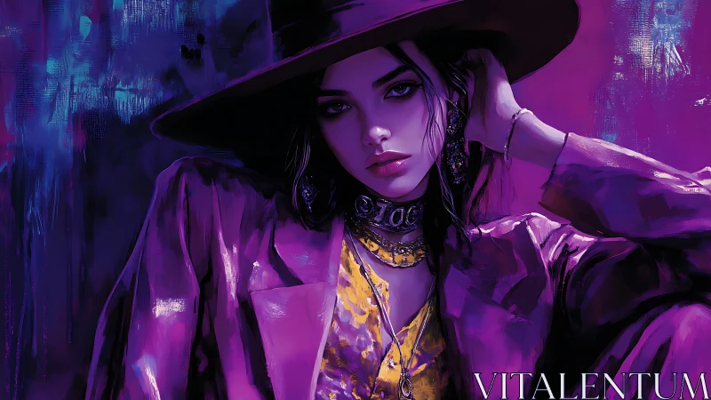 Moody purple portrait of woman in hat with neon aura.