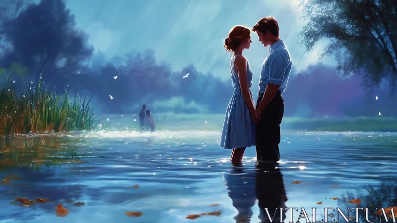 Couple standing in shallow water beneath stormy sky