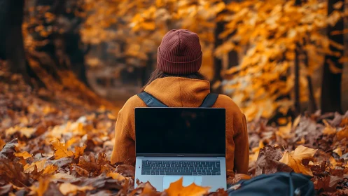 Person with laptop sits in autumn forest among fallen leaves