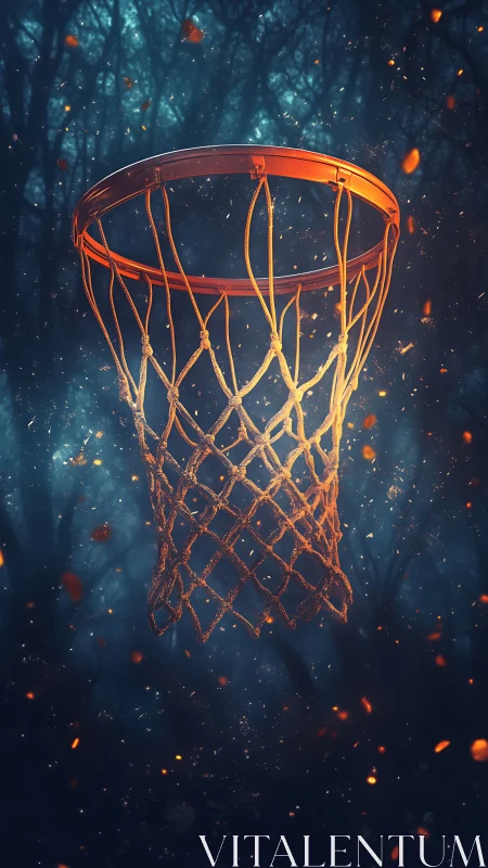 Glowing basketball hoop suspended over dark forest court.