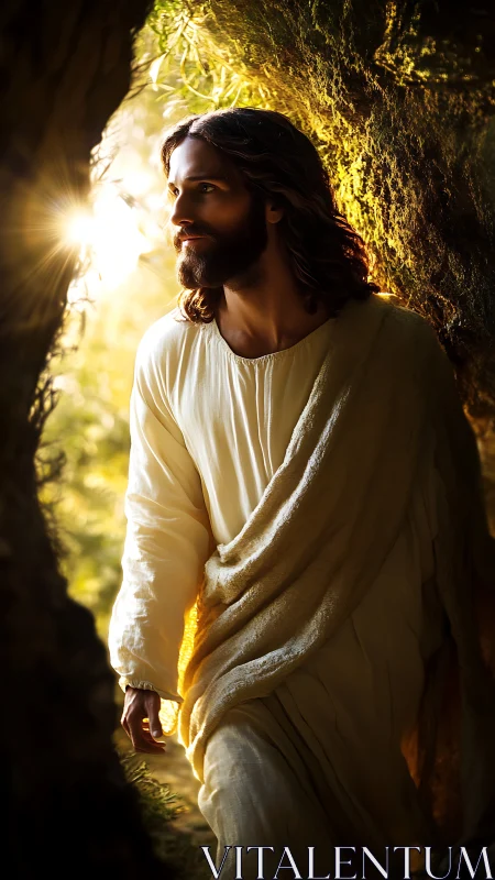 Gentle robed figure walking toward sunrise in a cave mouth.