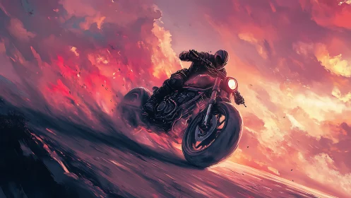 Motorcyclist leans into high-speed turn under vivid sunset sky