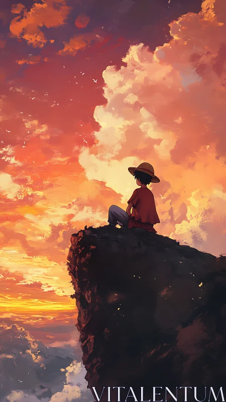 Straw hat figure on cliff edge under luminous sunset clouds