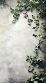 Climbing ivy leaves framing a worn light concrete wall.