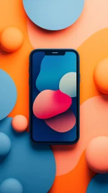 Vibrant Smartphone Display Surrounded by Floating Abstract Shapes