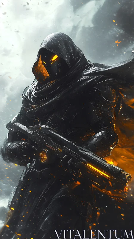 Armored hooded combatant with rifle and glowing accents.