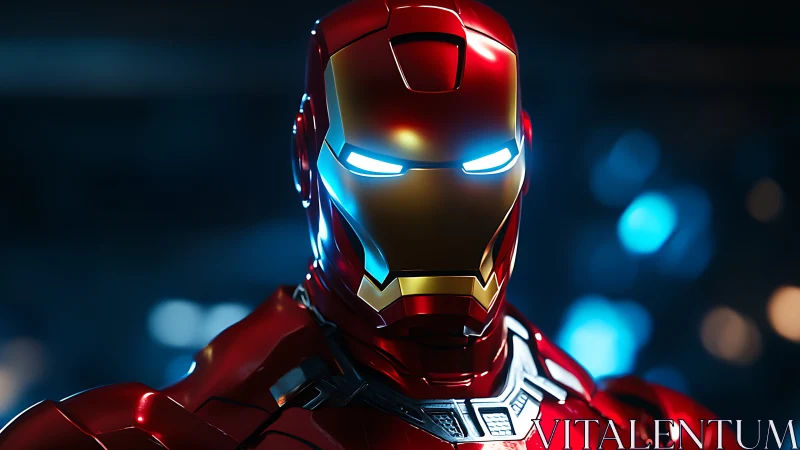 Red armored mech helmet glows with intense cyan light.