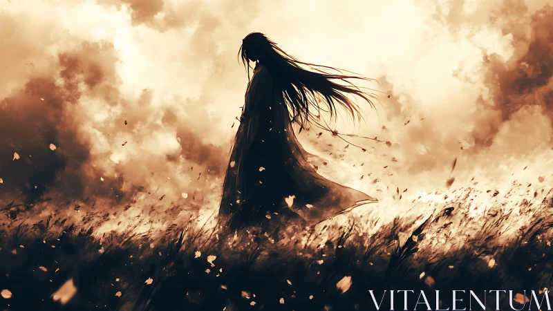 Solitary figure walks windblown field under storm-lit sky