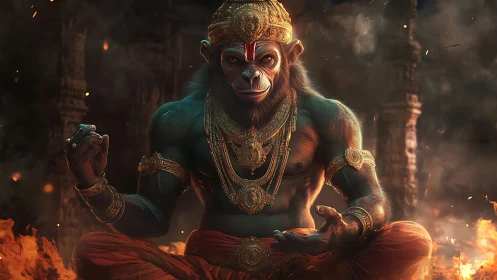 Monkey-headed warrior sits cross-legged amid drifting flames