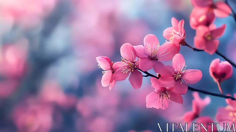 Pink blossoms on dark branch against blurred blue background.