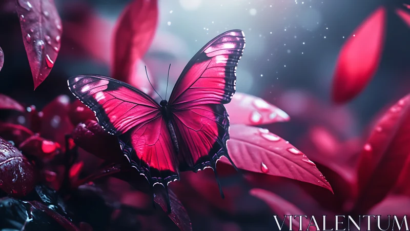 Pink butterfly on wet foliage in soft low light setting.