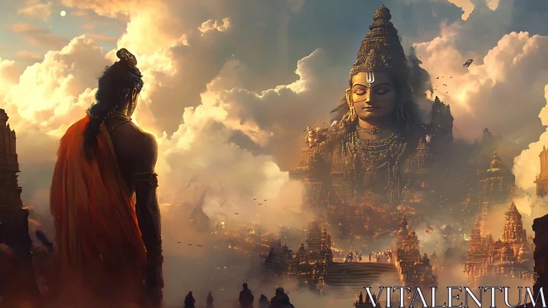 Epic atmospheric vista shows colossal deity temple amid clouds