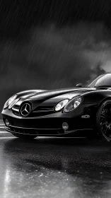 Black Mercedes-Benz sports car on wet road in rainfall.