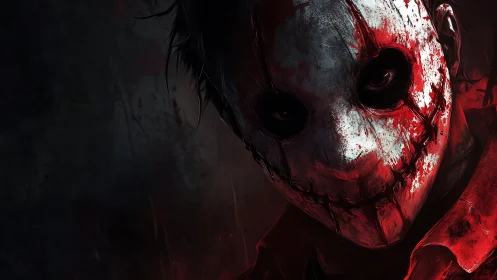 Haunting masked figure in shadowy red horror portrait.