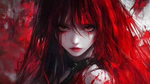 Crimson haired anime girl with intense red-eyed glare.