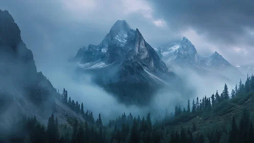 Misty mountain peaks rise gently above a calm forest valley