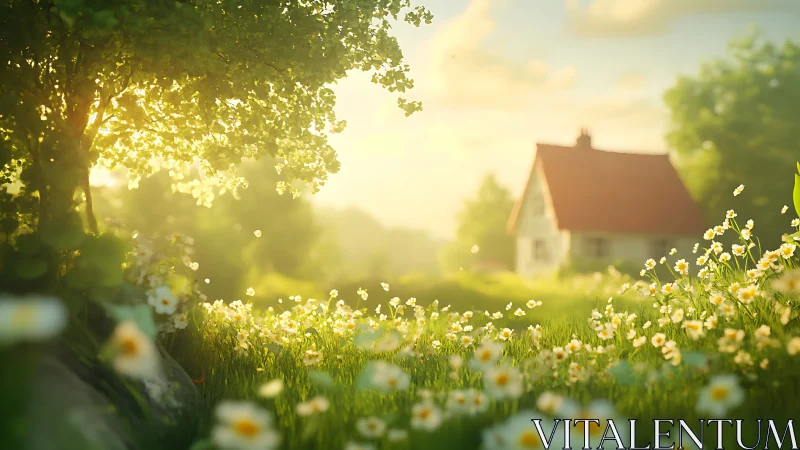 Sunlit cottage meadow rendered with shallow depth of field