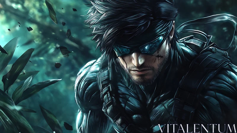 Tactical cyber-stealth operative in bioluminescent jungle field.