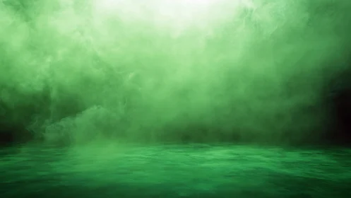 Dense green atmospheric fog bank drifting over reflective surface
