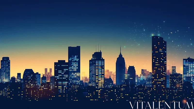 City lights waking up under a calm twilight sky.