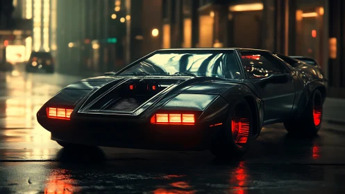 Futuristic sports car sits on wet city street at night
