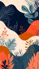 Bold abstract foliage landscape in coral and deep blue.