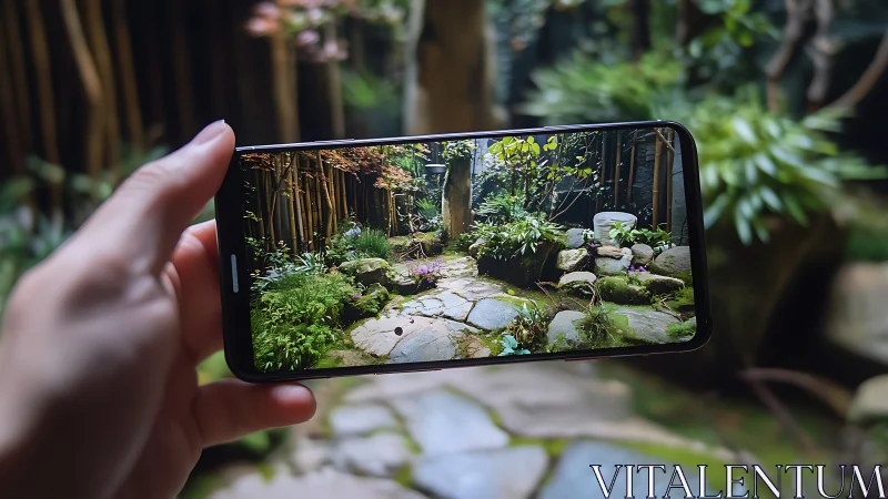 Smartphone captures tranquil stone path in lush garden