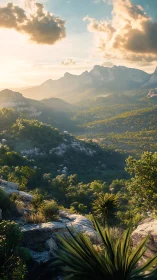 Sunlit mountain valley rendered with detailed volumetric atmosphere