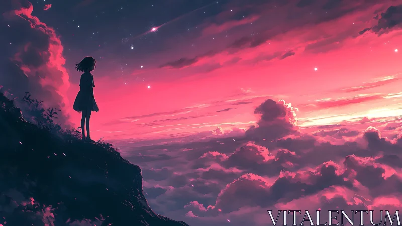 Girl on a sunset cliff gazing over glowing dreamlike clouds.