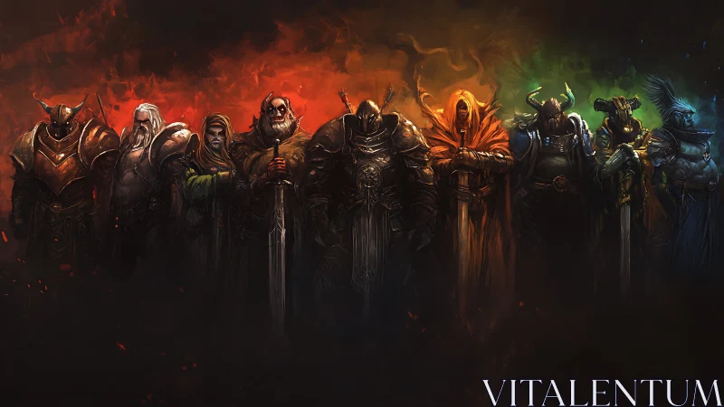 Line of armored fantasy warriors stands against gradient background